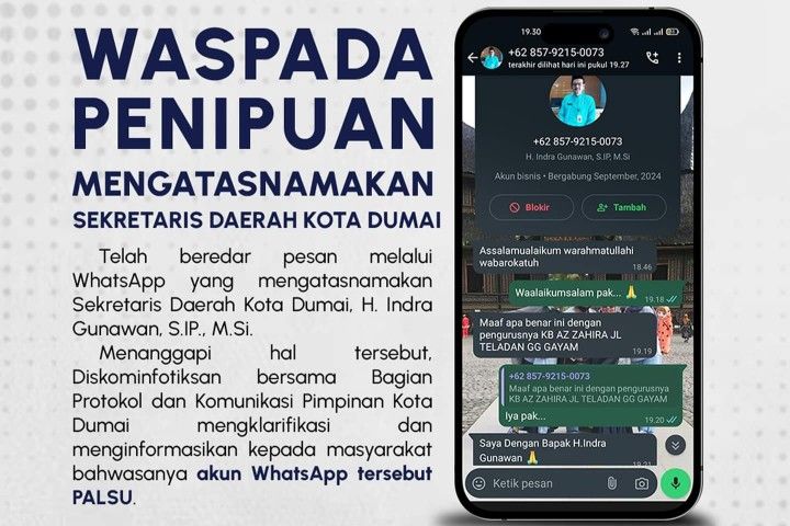 Beredar Akun WhatsAap Palsu Sekda Dumai, Hati-hati