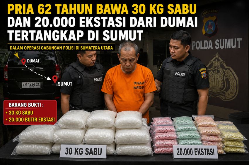 Dari Dumai Pria 62 Tahun Gendong 30 Kg Sabu dan 20.000 Ekstasi