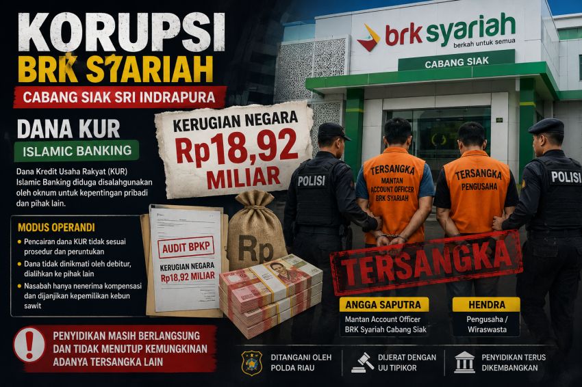 Rugikan Negara Rp18,9 Miliar Account Officer BRK Syariah Cabang Siak dan Pengusaha jadi Tersangka